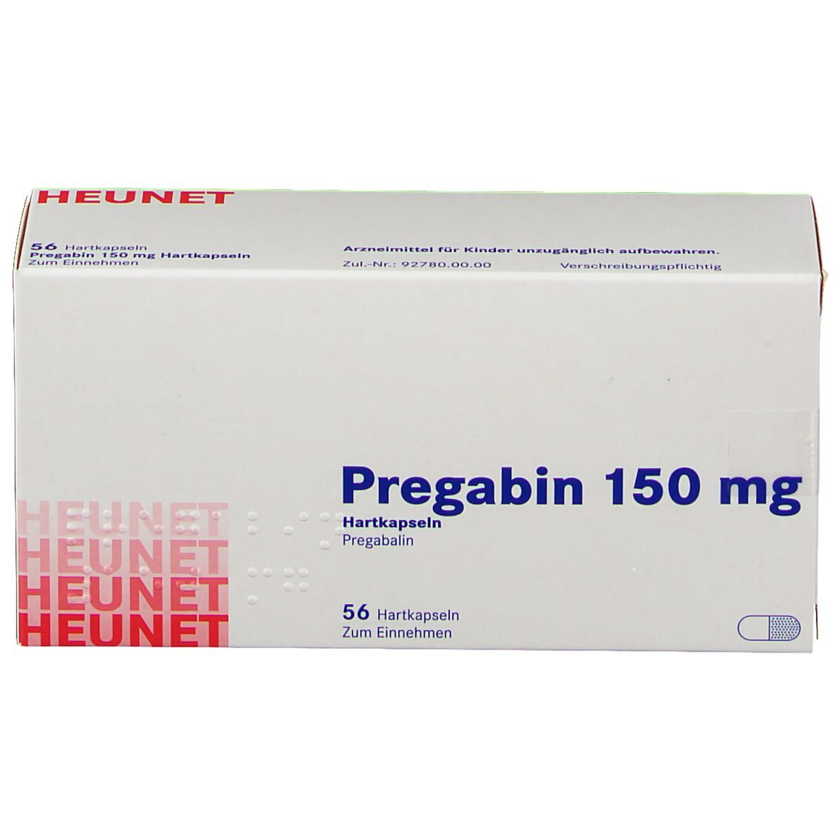 Weißer Karton mit blauer Aufschrift Pregabin 150 mg. Enthält 56 Hartkapseln. Marke Heunet. Text: Zum Einnehmen.