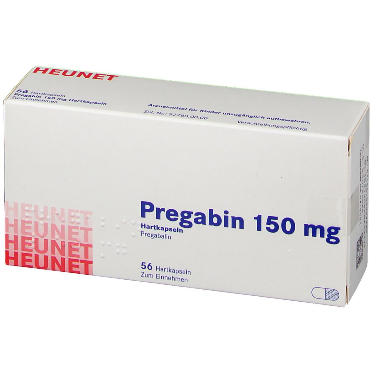Weißer Karton mit blauer Aufschrift Pregabin 150 mg. Enthält 56 Hartkapseln. Marke Heunet. Text: Zum Einnehmen.