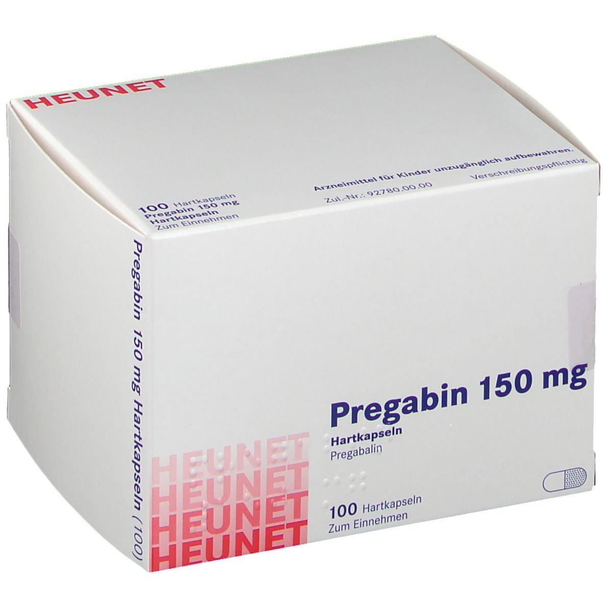 Weiße Faltschachtel mit Aufschrift Pregabin 150 mg. HEUNET-Logo. 100 Hartkapseln. Arzneimittel.
