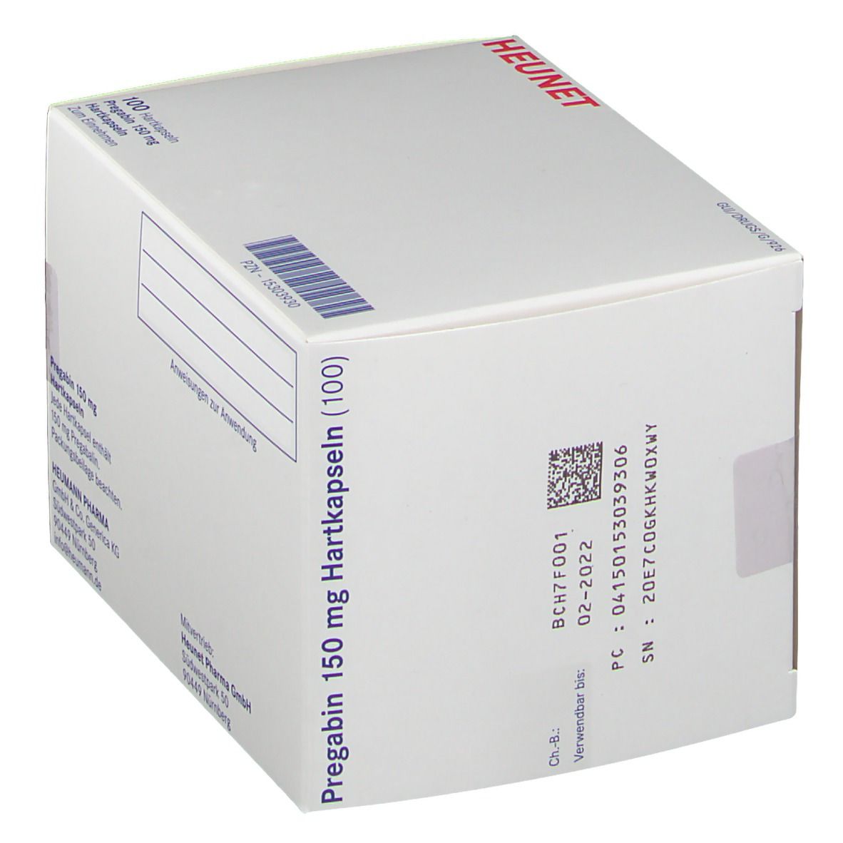 Weiße Faltschachtel mit Aufschrift Pregabin 150 mg. HEUNET-Logo. Chargennummer, Verfallsdatum, QR-Code.