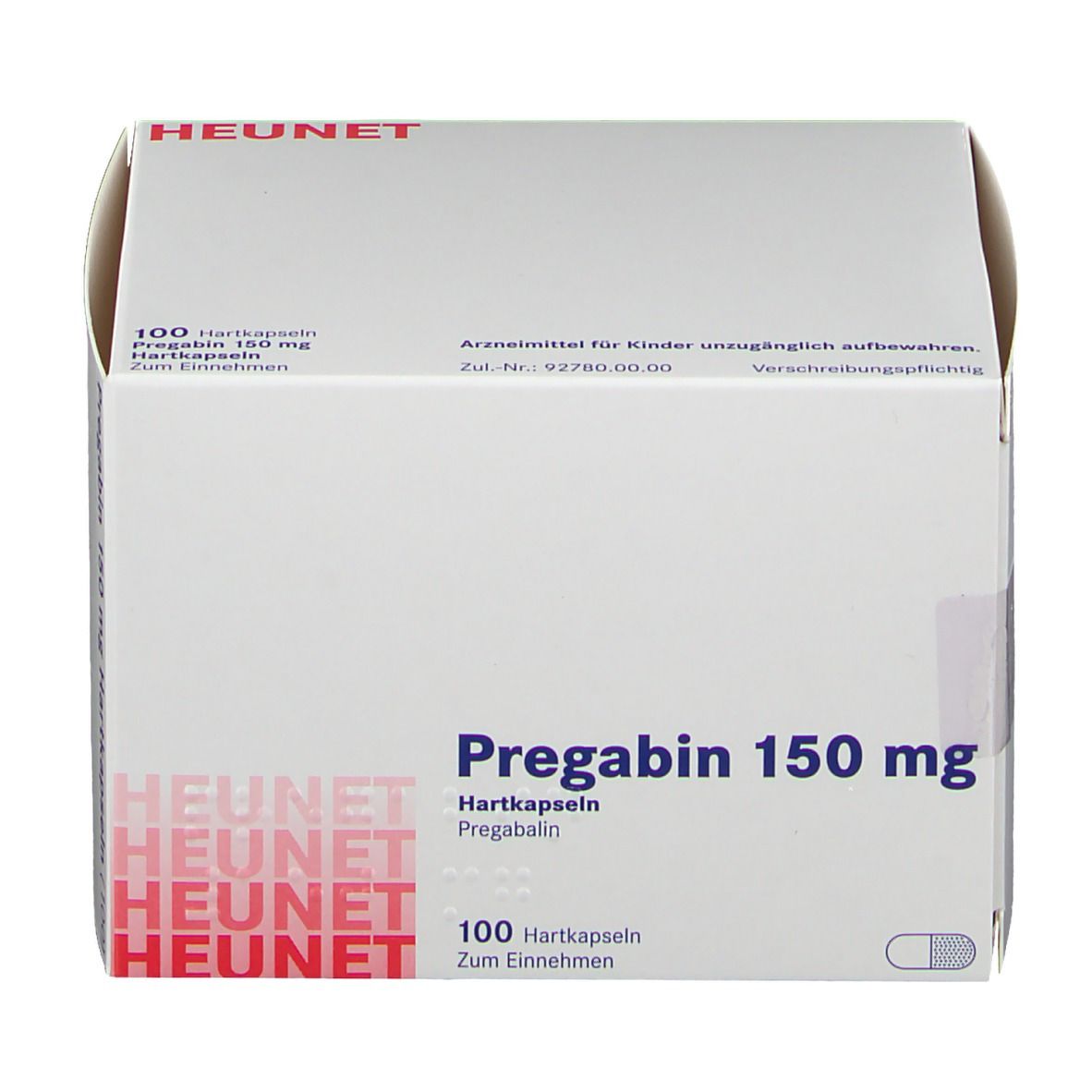 Weiße Faltschachtel mit Aufschrift Pregabin 150 mg. HEUNET-Logo. 100 Hartkapseln. Arzneimittel.