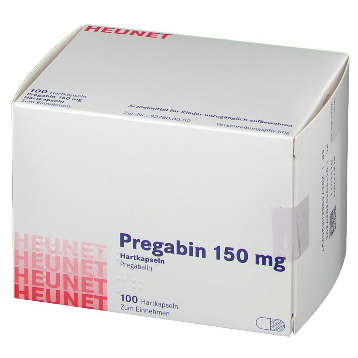 Weiße Faltschachtel mit Aufschrift Pregabin 150 mg. HEUNET-Logo. 100 Hartkapseln. Arzneimittel.
