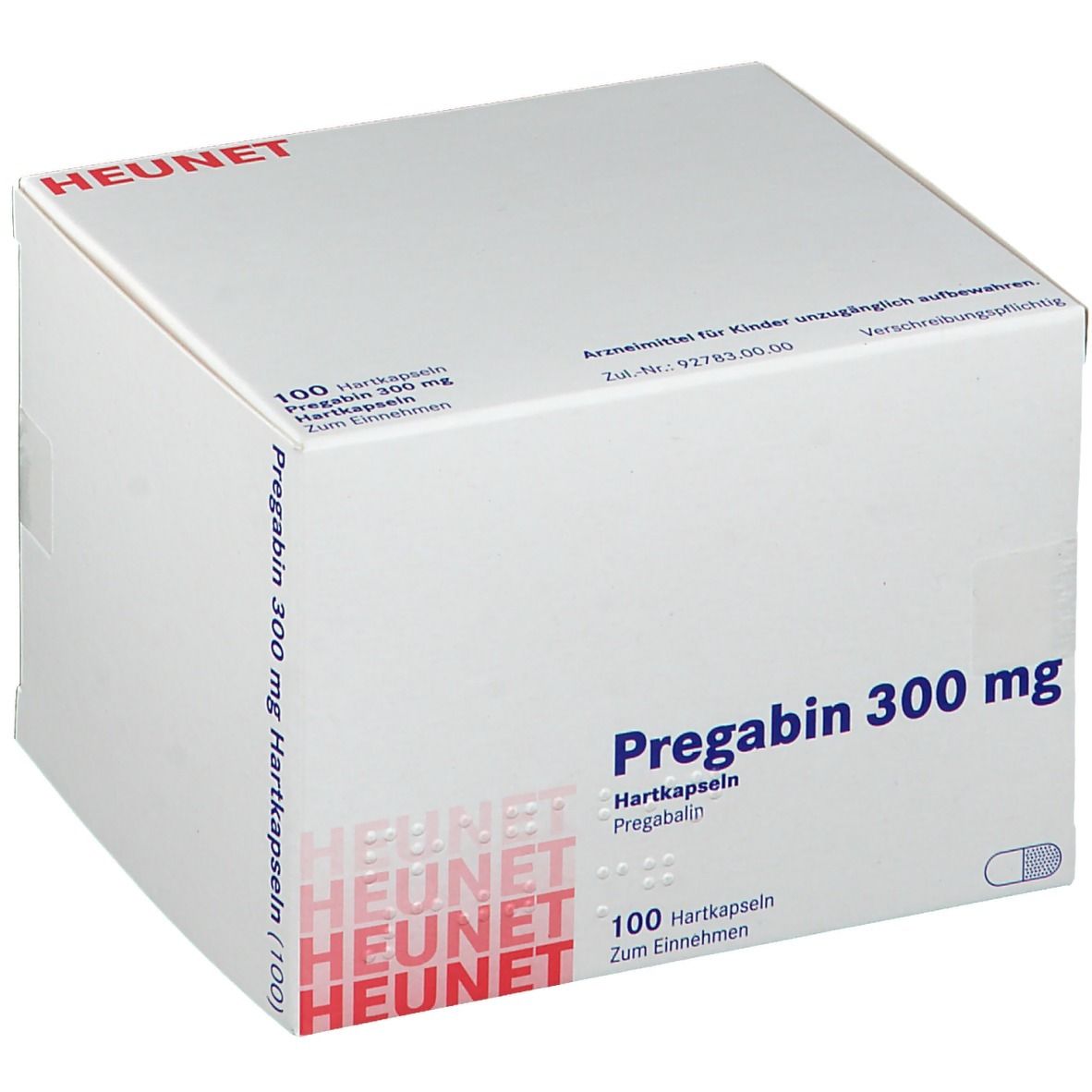 Weißer Karton mit Aufschrift Pregabin 300 mg, 100 Hartkapseln. Marke HEUNET.