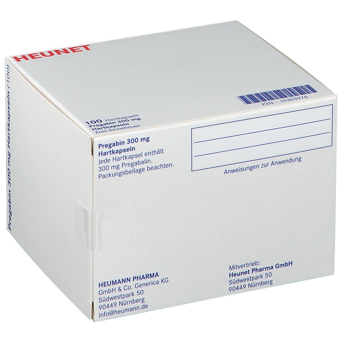 Weißer Karton mit Aufschrift Pregabin 300 mg, 100 Hartkapseln. Marke HEUNET. Mit Herstellerinformationen.
