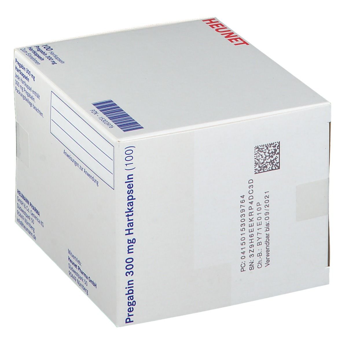 Weißer Karton mit Aufschrift Pregabin 300 mg, 100 Hartkapseln. Marke HEUNET. Mit Barcode und QR-Code.