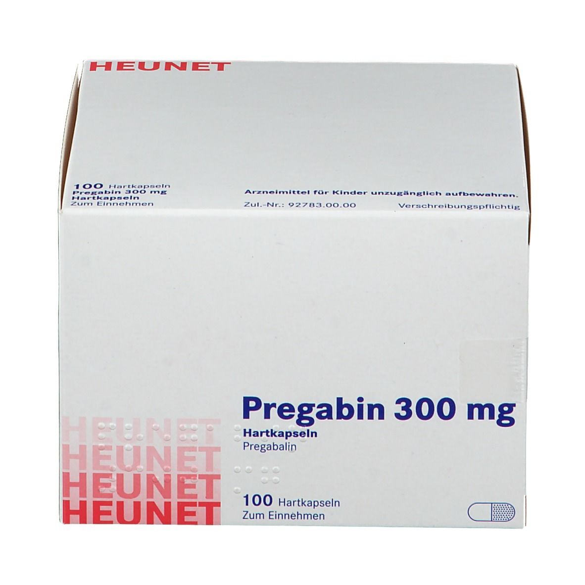 Weißer Karton mit Aufschrift Pregabin 300 mg, 100 Hartkapseln. Marke HEUNET.