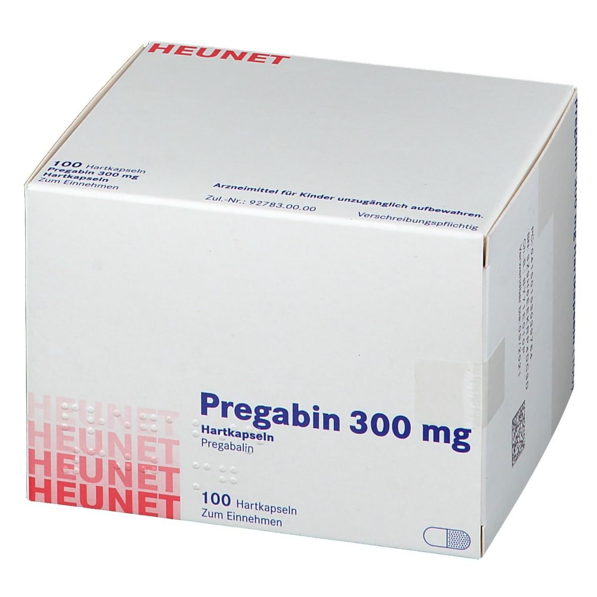 Weißer Karton mit Aufschrift Pregabin 300 mg, 100 Hartkapseln. Marke HEUNET. Mit QR-Code.