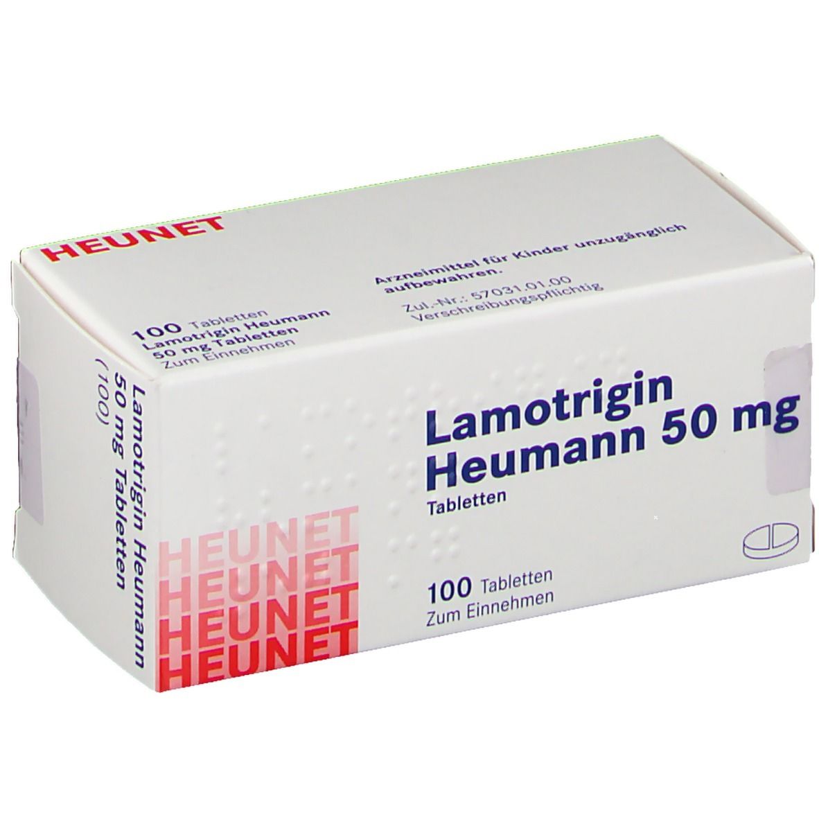 Schachtel mit Lamotrigin Heumann 50 mg Tabletten. Aufschrift: 100 Tabletten. Marke Heunet.