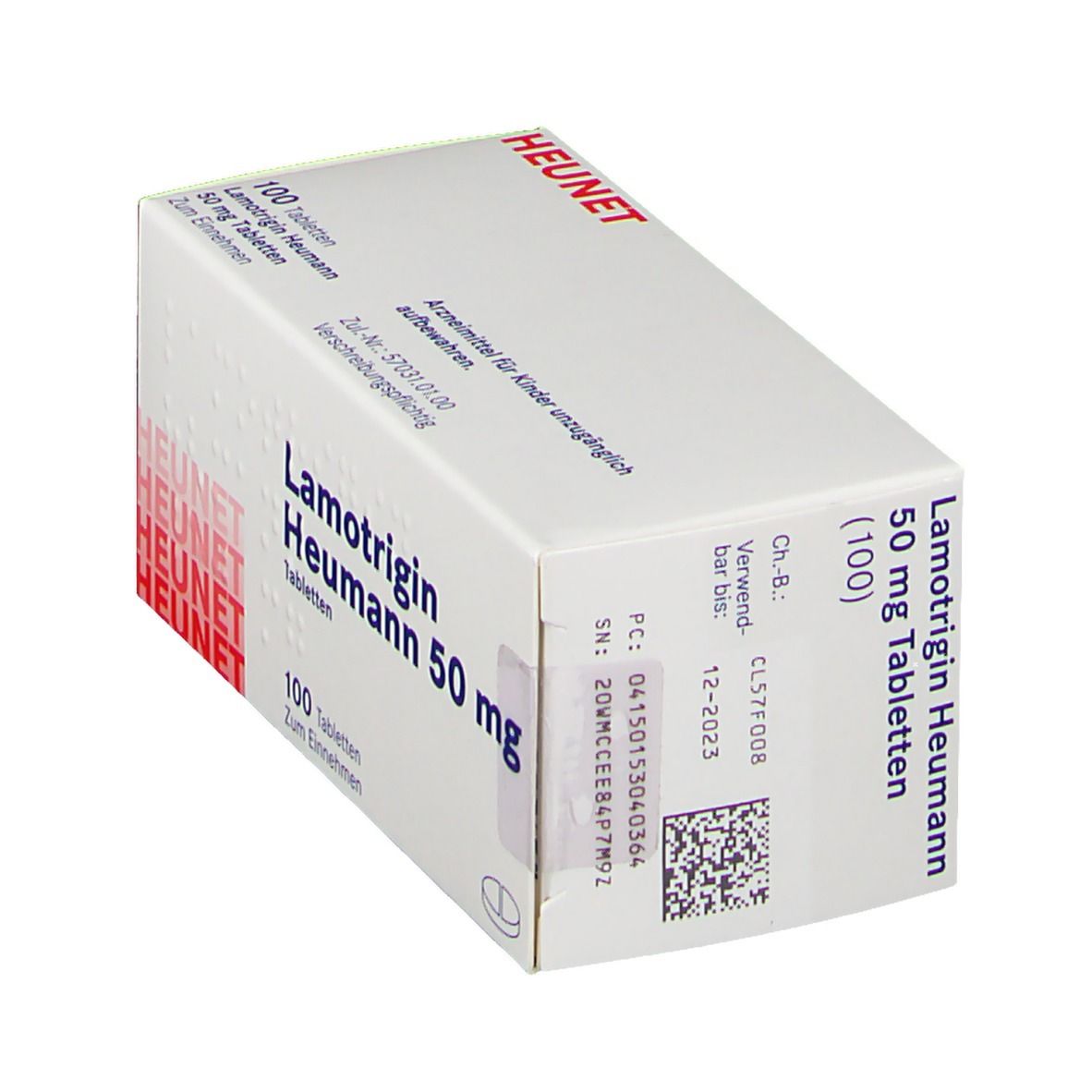 Schräg gestellte Schachtel mit Lamotrigin Heumann 50 mg Tabletten. Aufschrift: 100 Tabletten. Marke Heunet.