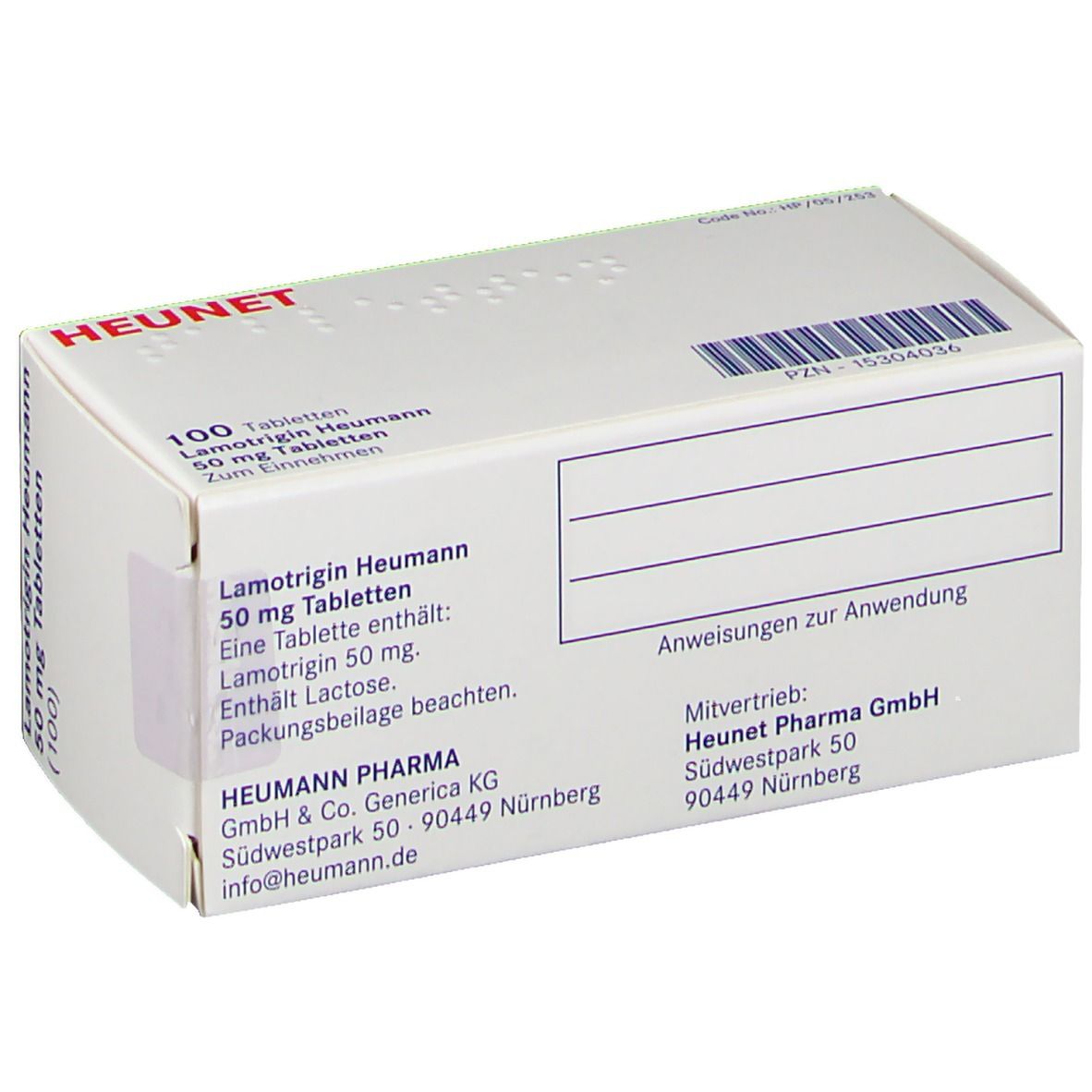 Schachtel mit Lamotrigin Heumann 50 mg Tabletten. Aufschrift: 100 Tabletten. Herstellerinformationen. Marke Heunet.