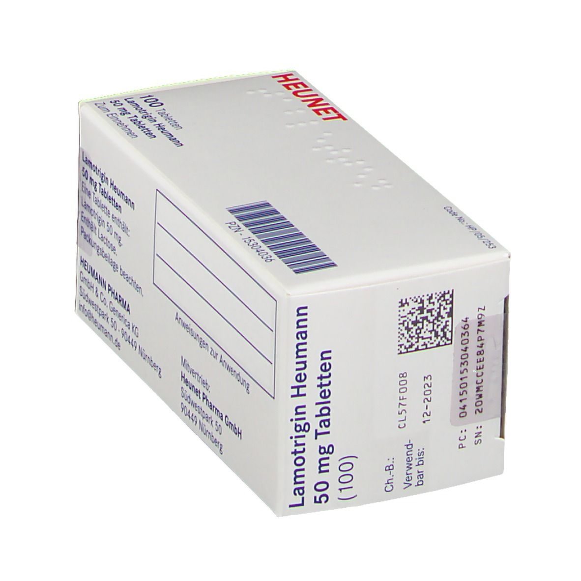 Schräg gestellte Schachtel mit Lamotrigin Heumann 50 mg Tabletten. Aufschrift: 100 Tabletten. Marke Heunet.