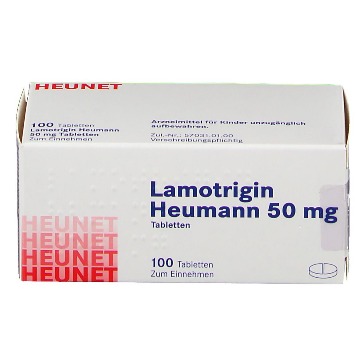 Schachtel mit Lamotrigin Heumann 50 mg Tabletten. Aufschrift: 100 Tabletten. Marke Heunet.