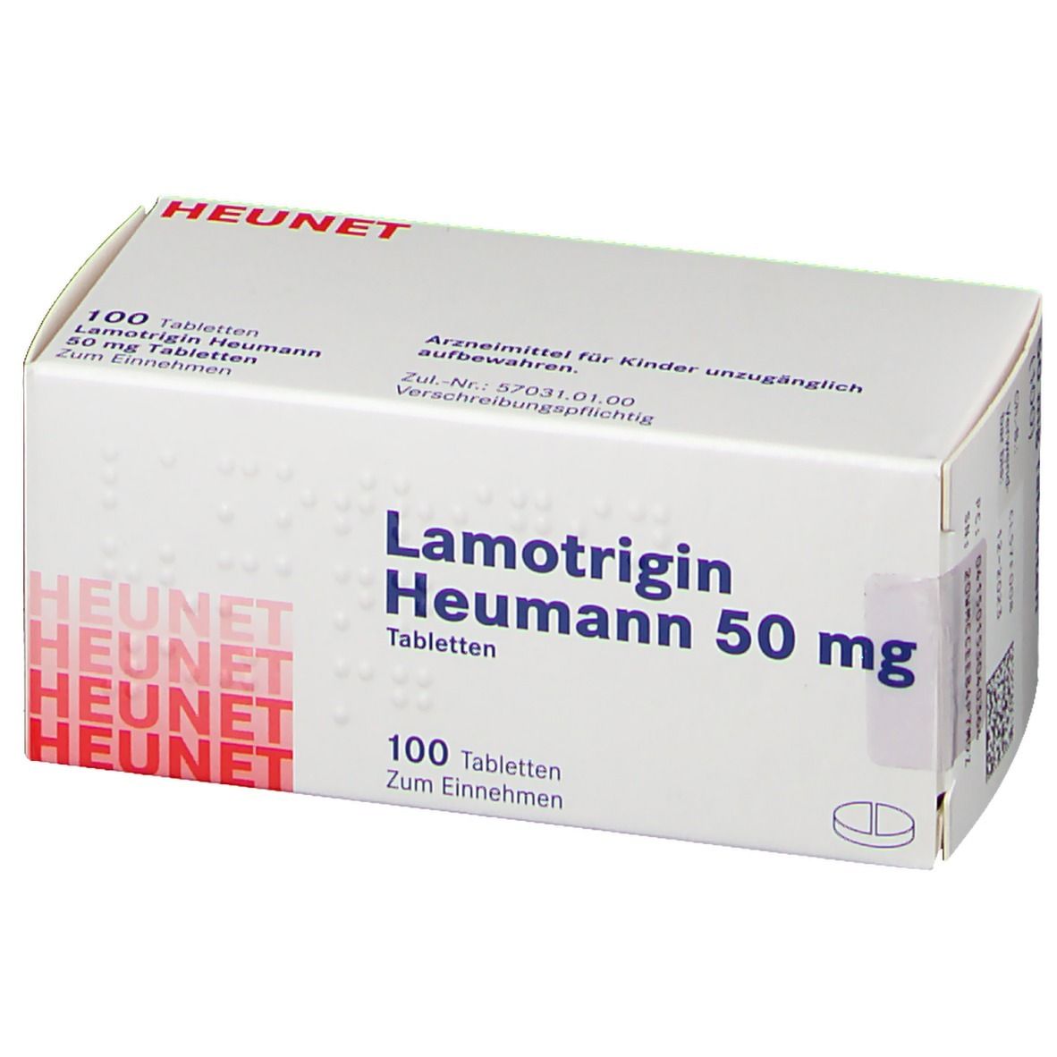 Schachtel mit Lamotrigin Heumann 50 mg Tabletten. Aufschrift: 100 Tabletten. Marke Heunet.