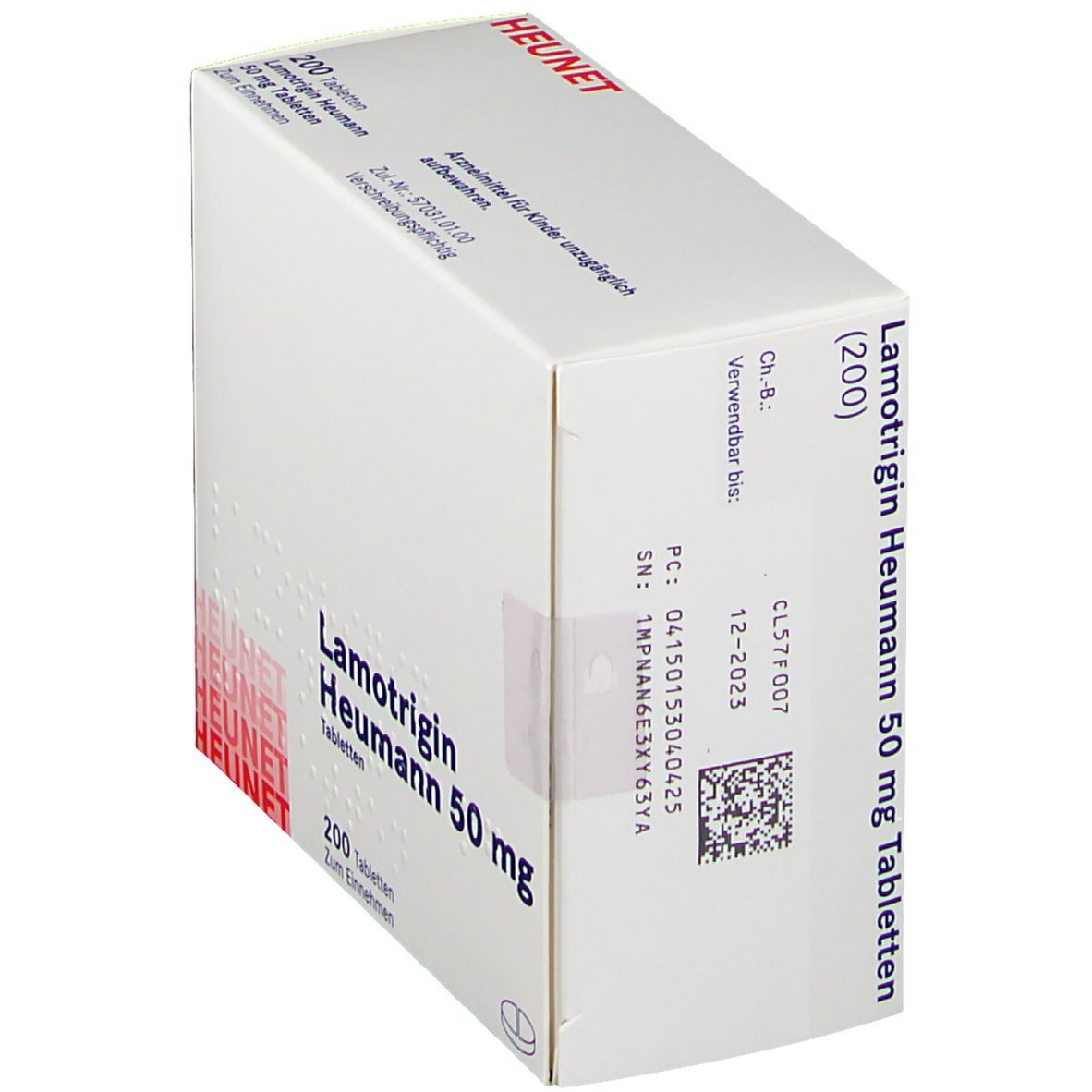 Schachtel mit Lamotrigin Heumann 50 mg Tabletten. Seitenansicht. Aufschrift: 200 Tabletten, Heunet. Weiße Verpackung.