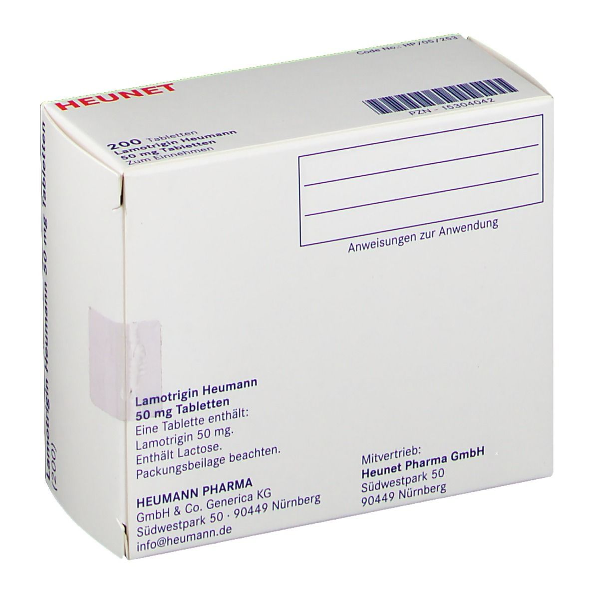 Rückseite der Schachtel mit Lamotrigin Heumann 50 mg Tabletten. Text: Heumann Pharma, Heunet Pharma GmbH.