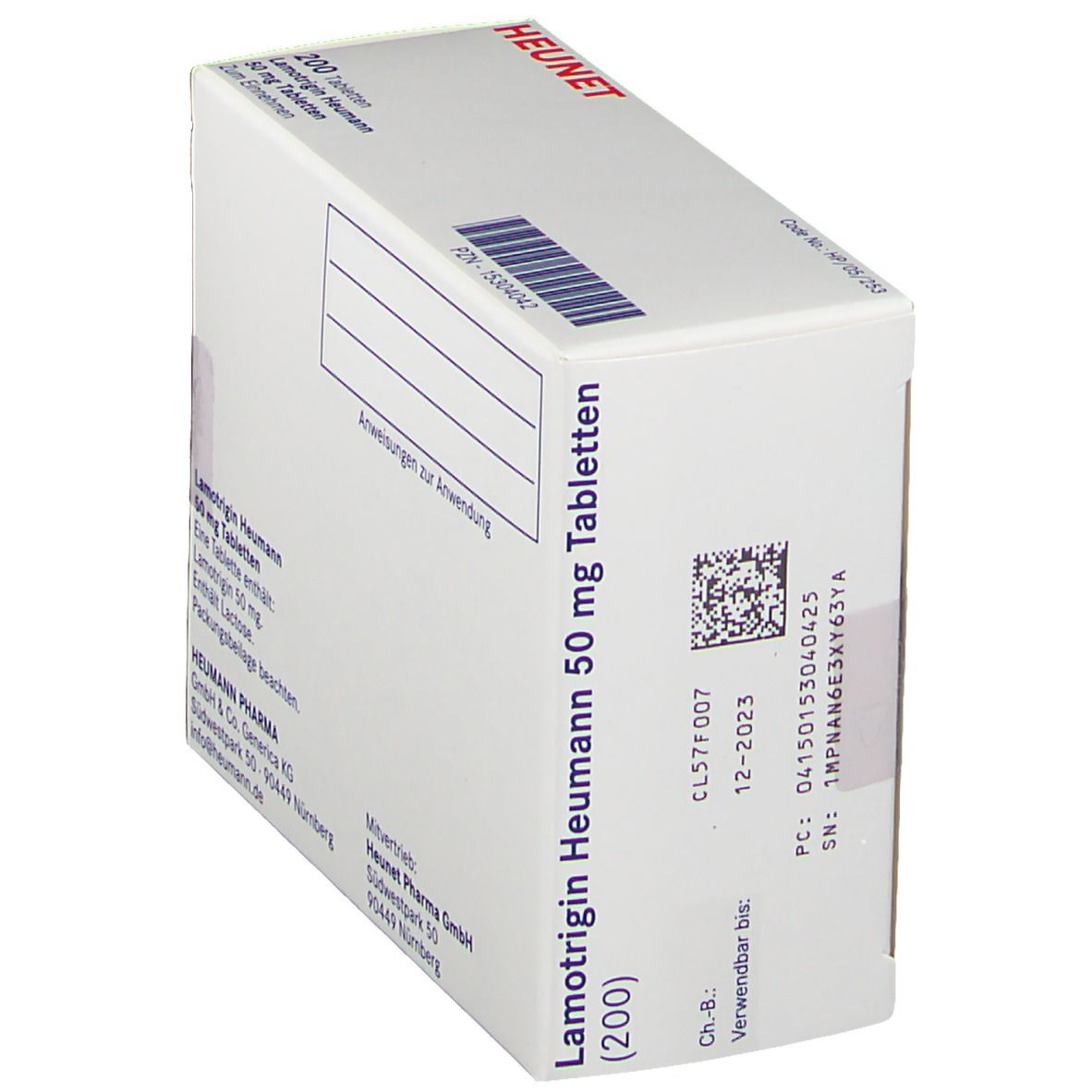 Schachtel mit Lamotrigin Heumann 50 mg Tabletten. Rückseite mit Barcode und Chargennummer. Weiße Verpackung.