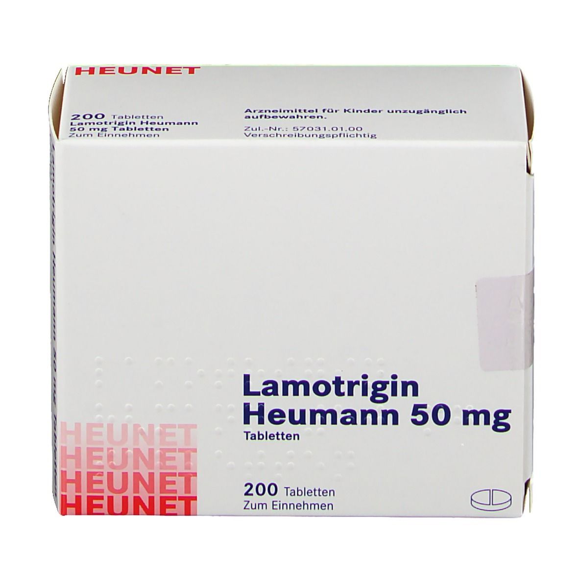 Schachtel mit Lamotrigin Heumann 50 mg Tabletten. Aufschrift: 200 Tabletten, Heunet. Weiße Verpackung.