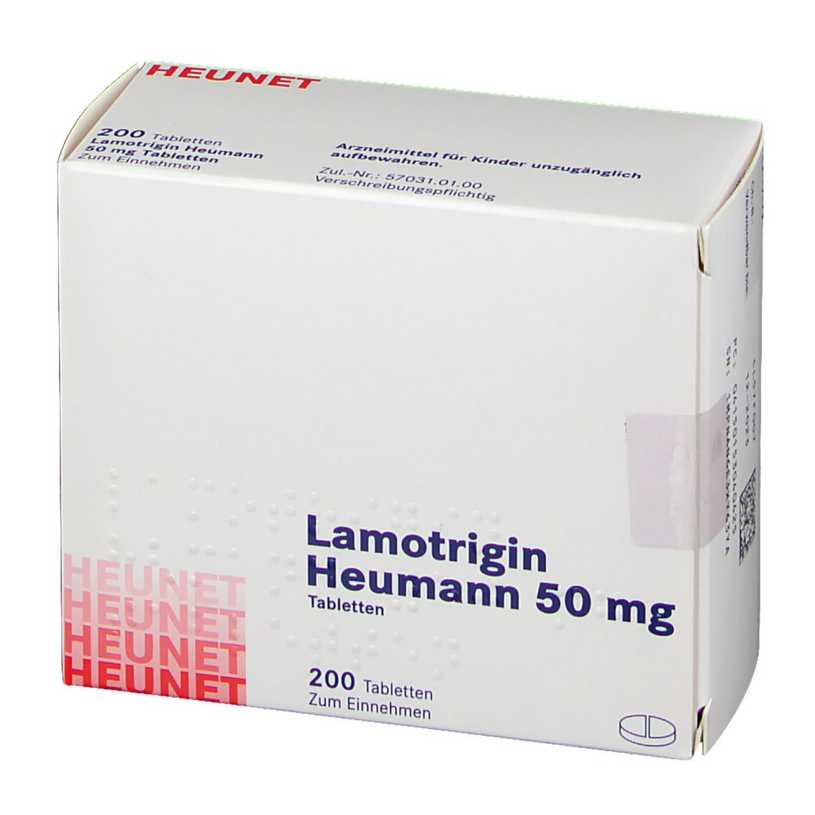 Schachtel mit Lamotrigin Heumann 50 mg Tabletten. Aufschrift: 200 Tabletten, Heunet. Weiße Verpackung.