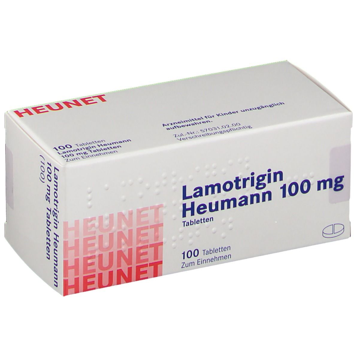 Schachtel mit Lamotrigin Heumann 100 mg Tabletten. 100 Tabletten. Marke Heunet. Weiße Verpackung mit roter Schrift.