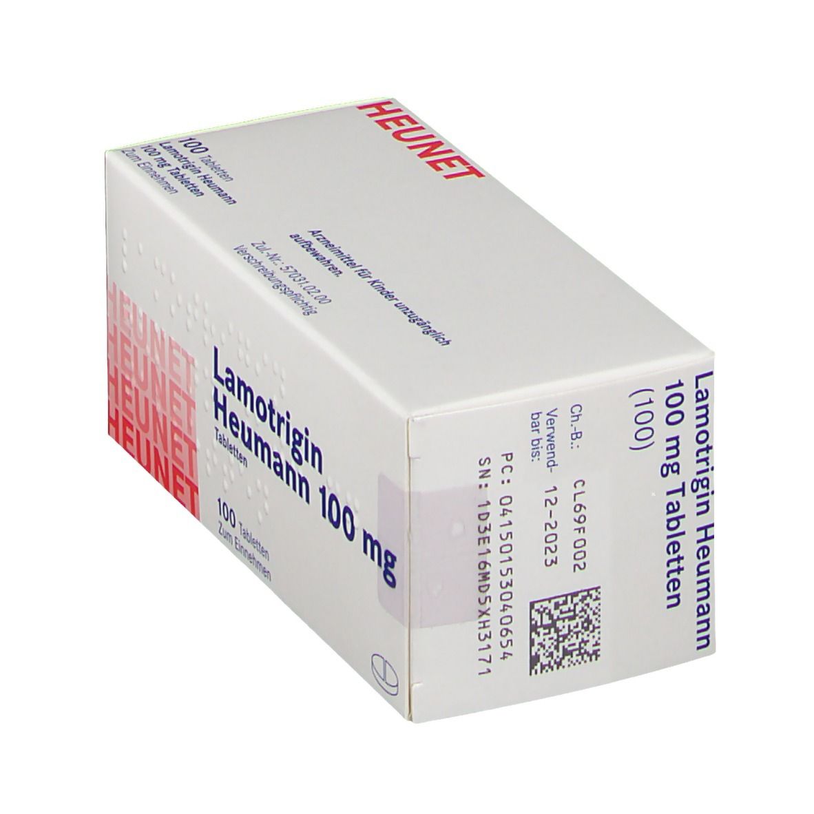 Schachtel mit Lamotrigin Heumann 100 mg Tabletten. 100 Tabletten. Marke Heunet. Weiße Verpackung. QR-Code und Verfallsdatum.