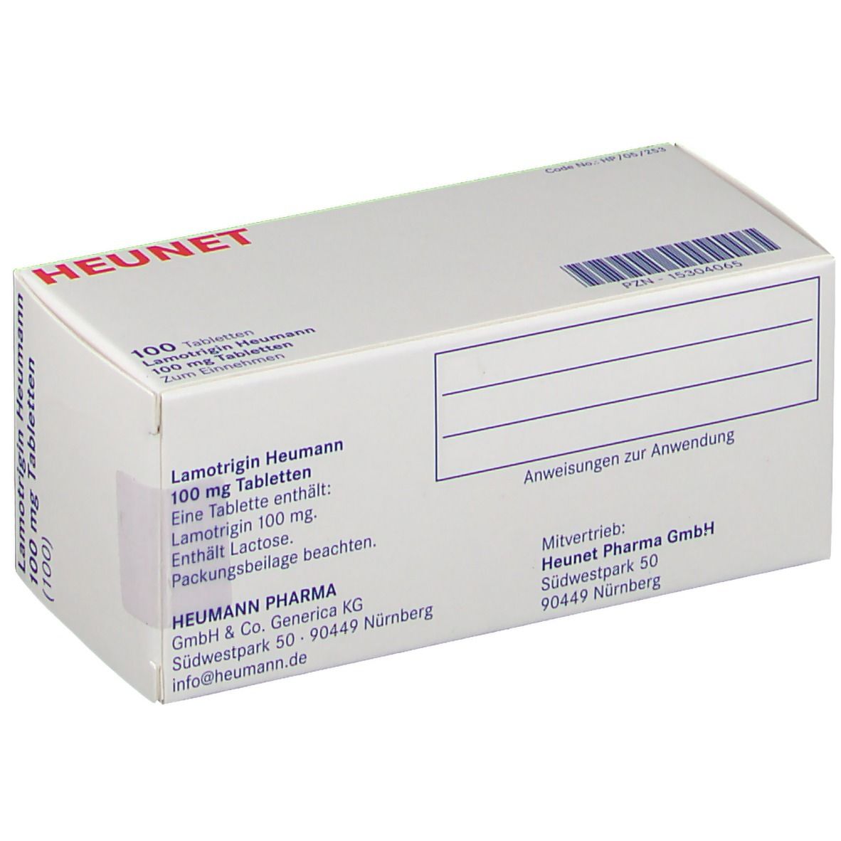 Schachtel mit Lamotrigin Heumann 100 mg Tabletten. 100 Tabletten. Marke Heunet. Weiße Verpackung mit Text und Informationen.