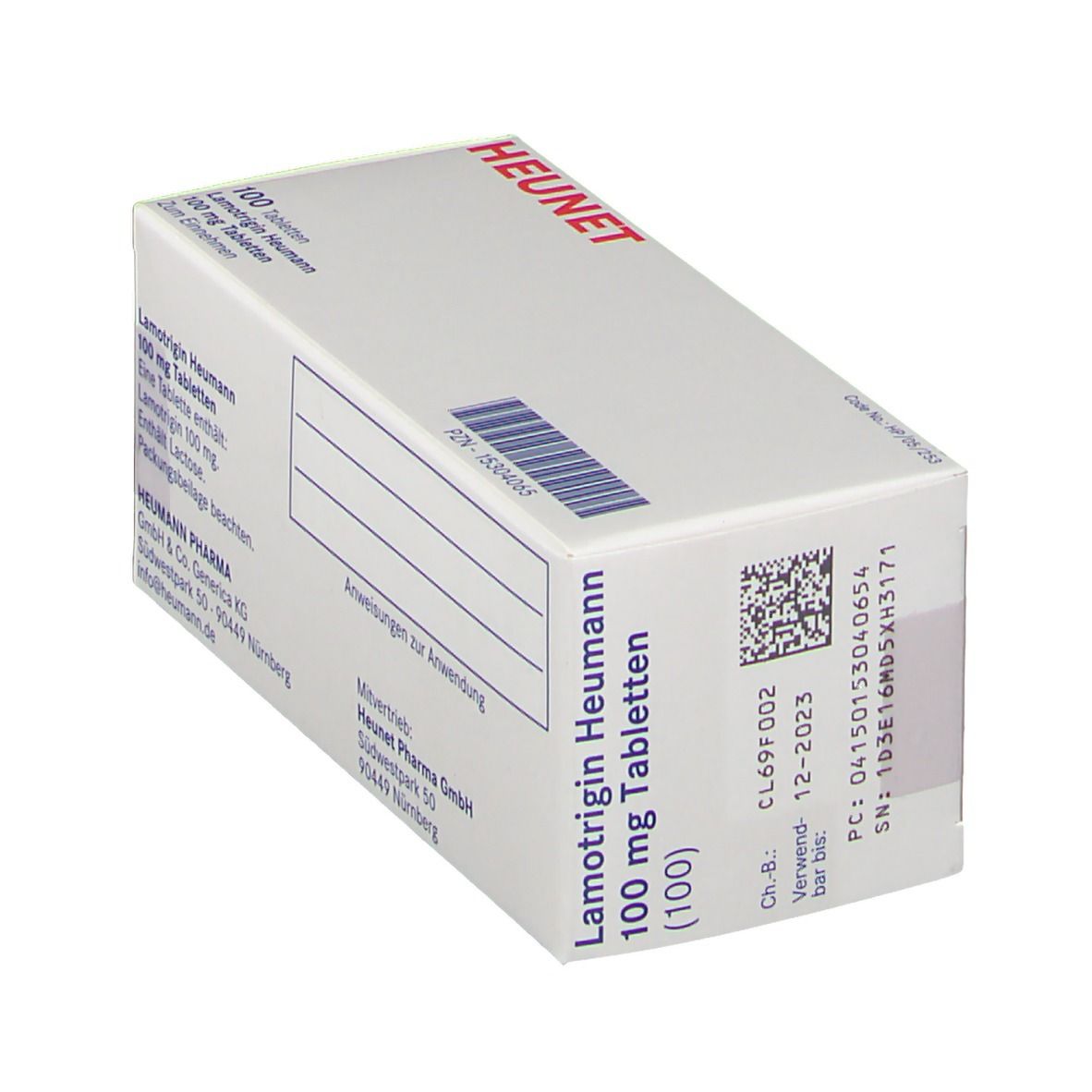 Schachtel mit Lamotrigin Heumann 100 mg Tabletten. 100 Tabletten. Marke Heunet. Weiße Verpackung. QR-Code und Verfallsdatum.