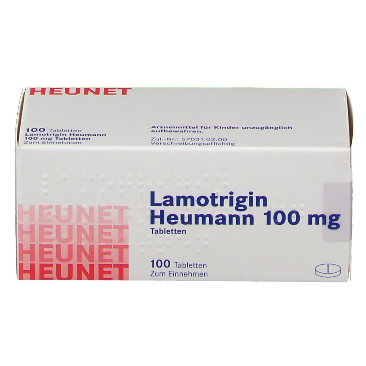 Schachtel mit Lamotrigin Heumann 100 mg Tabletten. 100 Tabletten. Marke Heunet. Weiße Verpackung mit roter Schrift.