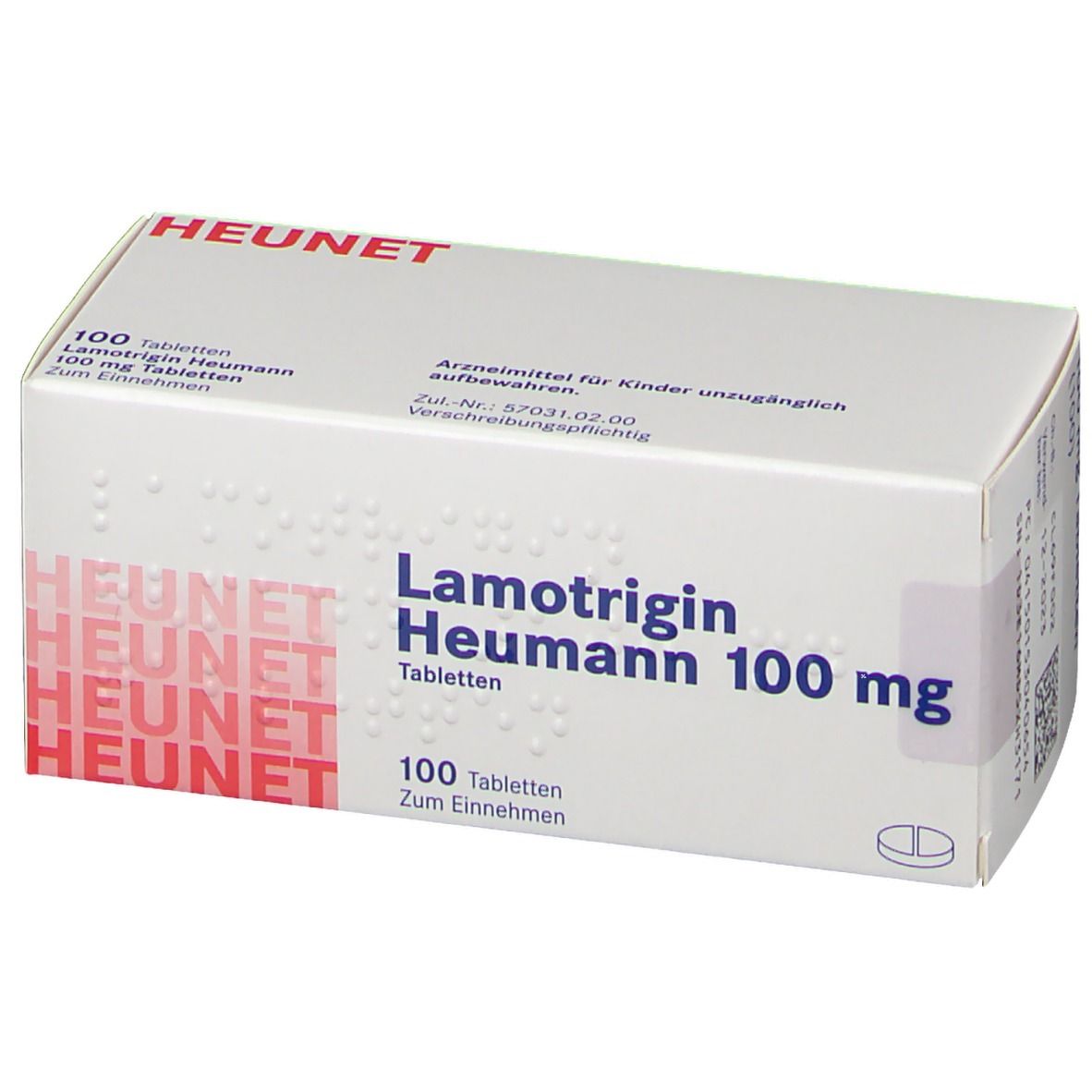 Schachtel mit Lamotrigin Heumann 100 mg Tabletten. 100 Tabletten. Marke Heunet. Weiße Verpackung mit roter Schrift.