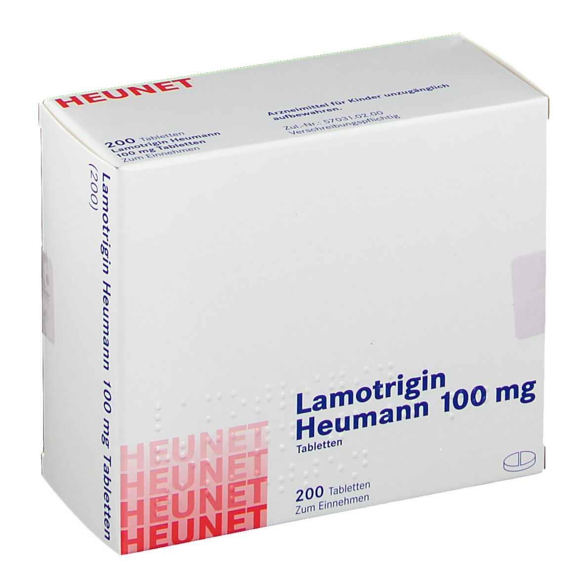 Weiße Medikamentenbox mit Aufschrift Lamotrigin Heumann 100 mg. HEUNET-Logo. 200 Tabletten. Arzneimittel.