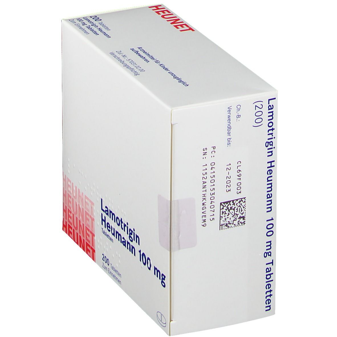 Medikamentenbox mit Lamotrigin Heumann 100 mg Aufschrift. HEUNET-Logo. 200 Tabletten. QR-Code und Chargennummer.