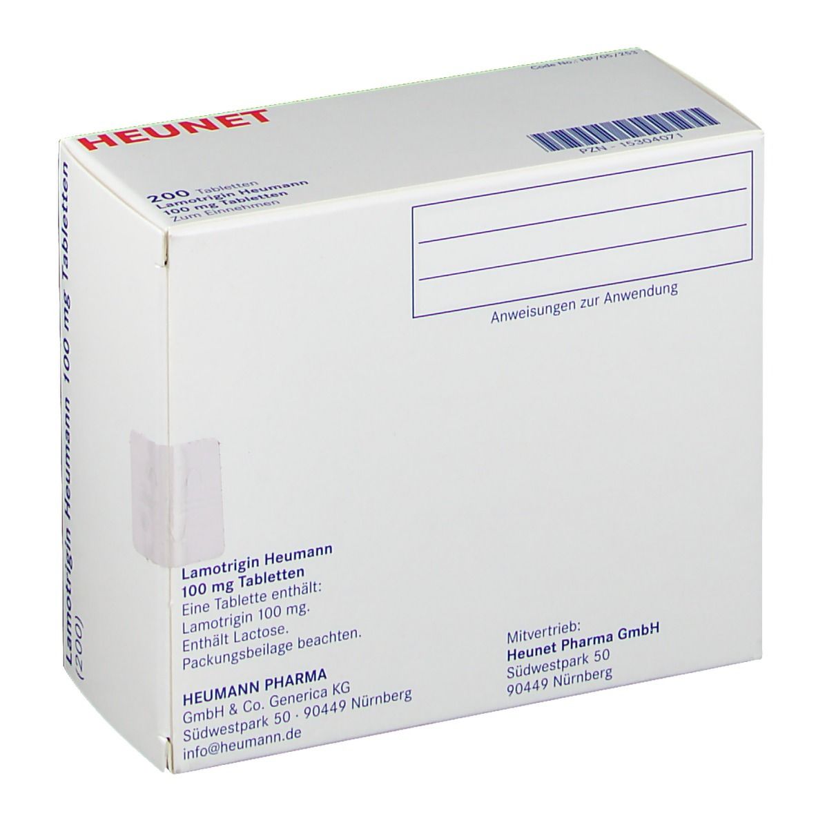 Weiße Medikamentenbox mit Aufschrift Lamotrigin Heumann 100 mg. HEUNET-Logo. Herstellerinformationen und Adresse.