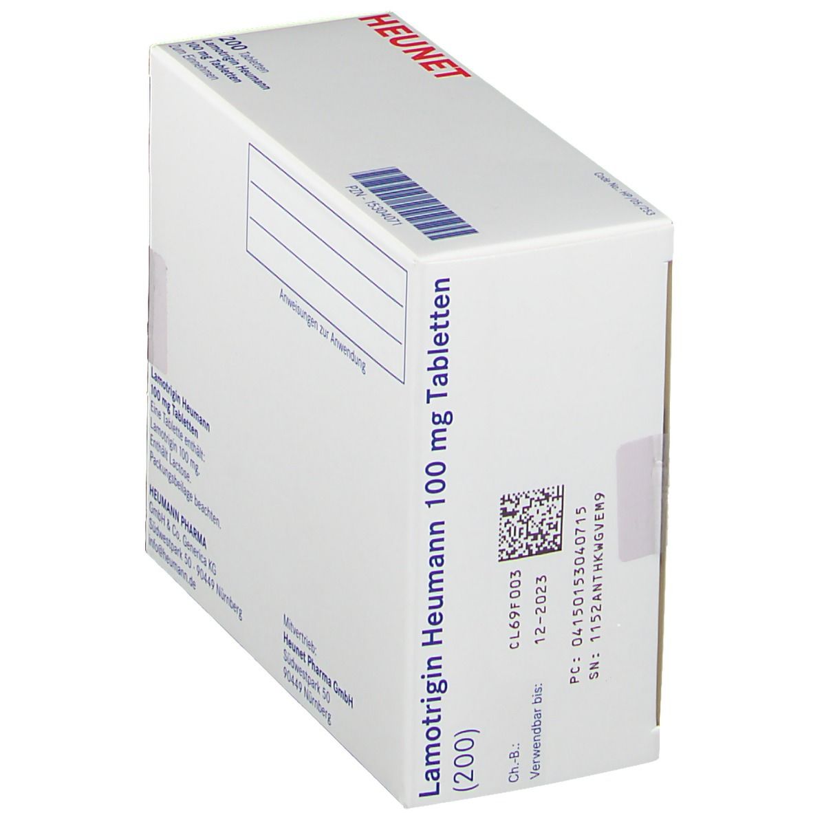 Medikamentenbox mit Lamotrigin Heumann 100 mg Aufschrift. HEUNET-Logo. Herstellerinformationen und QR-Code.