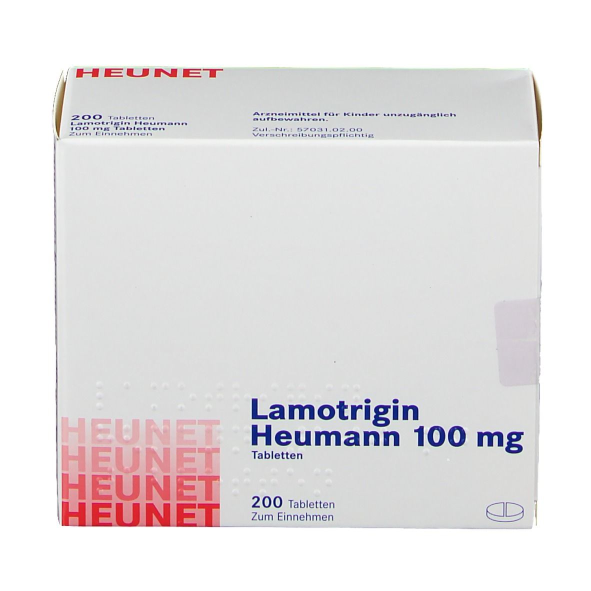 Weiße Medikamentenbox mit Aufschrift Lamotrigin Heumann 100 mg. HEUNET-Logo. 200 Tabletten. Arzneimittel.