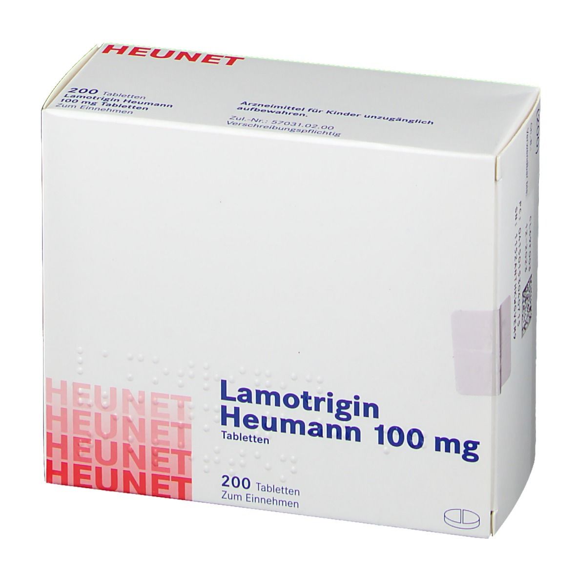 Weiße Medikamentenbox mit Aufschrift Lamotrigin Heumann 100 mg. HEUNET-Logo. 200 Tabletten. Arzneimittel.