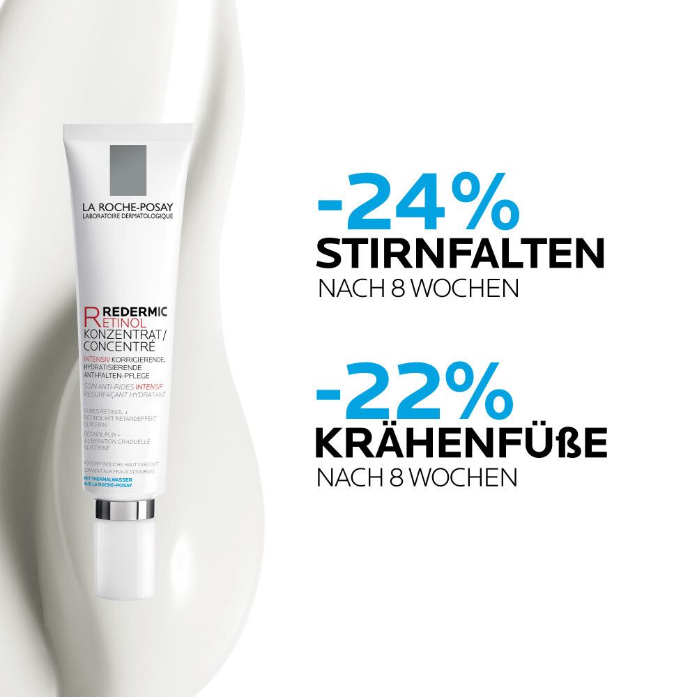 Tube de produit avec texte. Texte : -24% rides du front après 8 semaines, -22% pattes d'oie après 8 semaines.