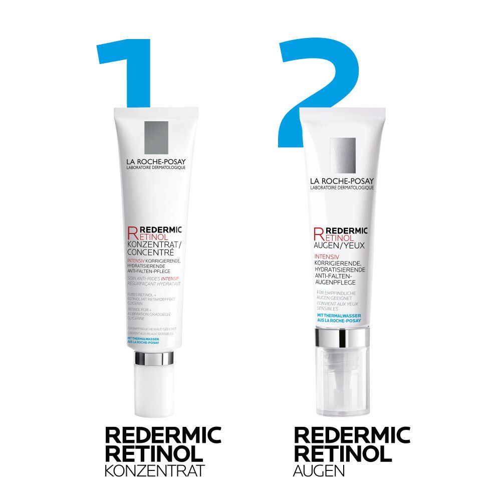 Deux tubes de produit. Gauche : Redermic Retinol Konzentrat. Droite : Redermic Retinol Augen. Texte : 1. 2.