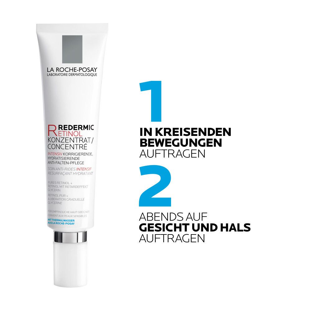 Tube de produit. Texte : 1. Appliquer en mouvements circulaires. 2. Appliquer le soir sur le visage et le cou.