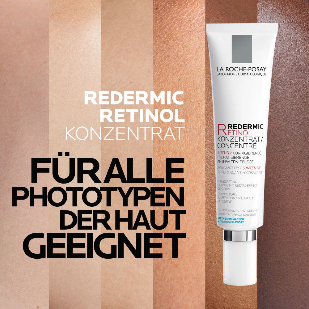 Tube de produit devant des teintes de peau. Texte : Convient à tous les phototypes de peau.