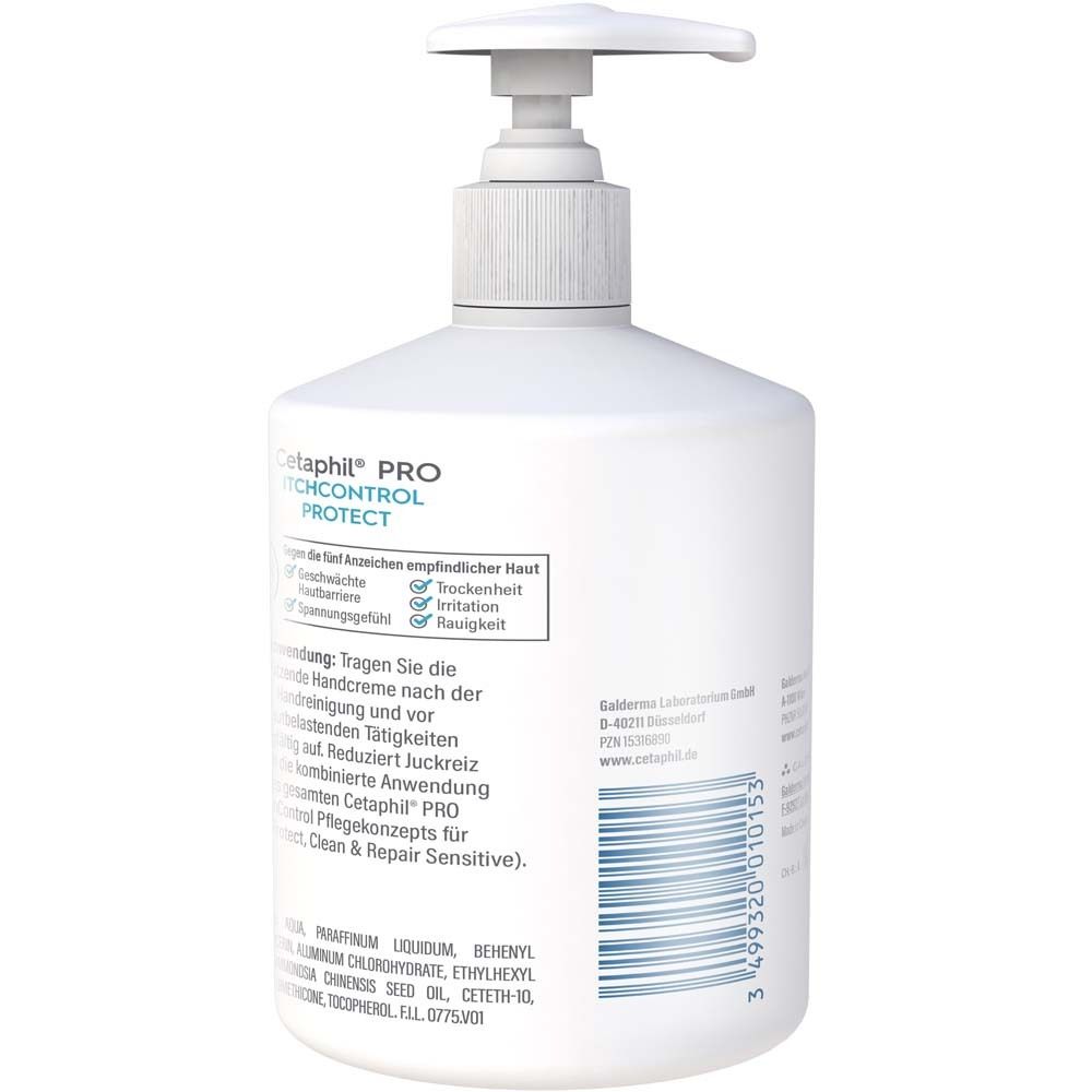 Rückseite der Flasche. Text: Cetaphil Pro ItchControl Protect. Inhaltsstoffe, Anwendungshinweise.