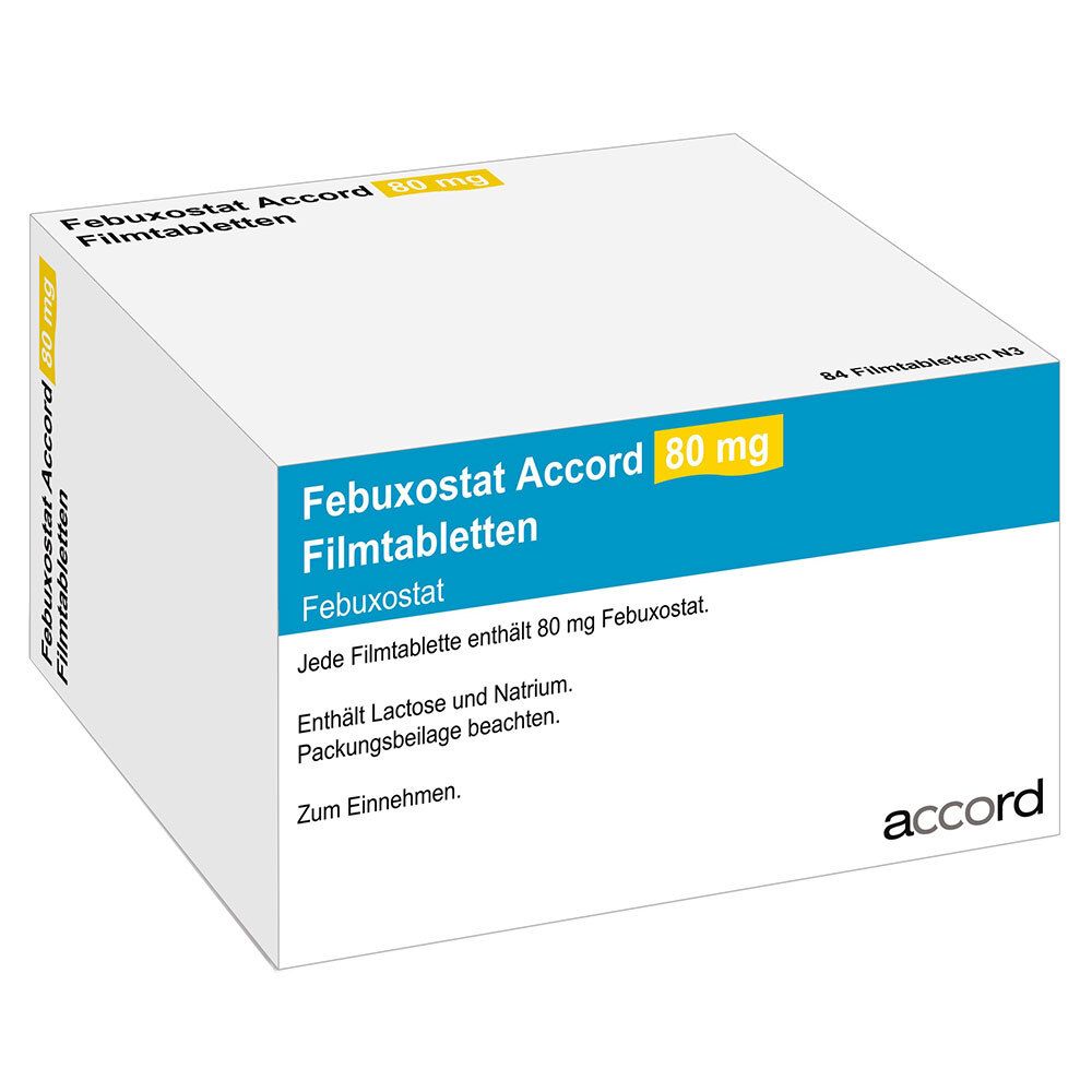 Weiße Schachtel mit blauer und gelber Beschriftung. Aufschrift: Febuxostat Accord 80 mg Filmtabletten. Marke: accord.