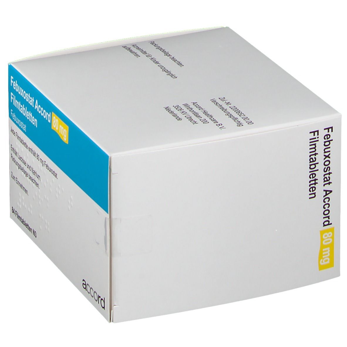 Schachtel mit Febuxostat Accord 80 mg Filmtabletten. Blaue und gelbe Akzente. Accord Logo.