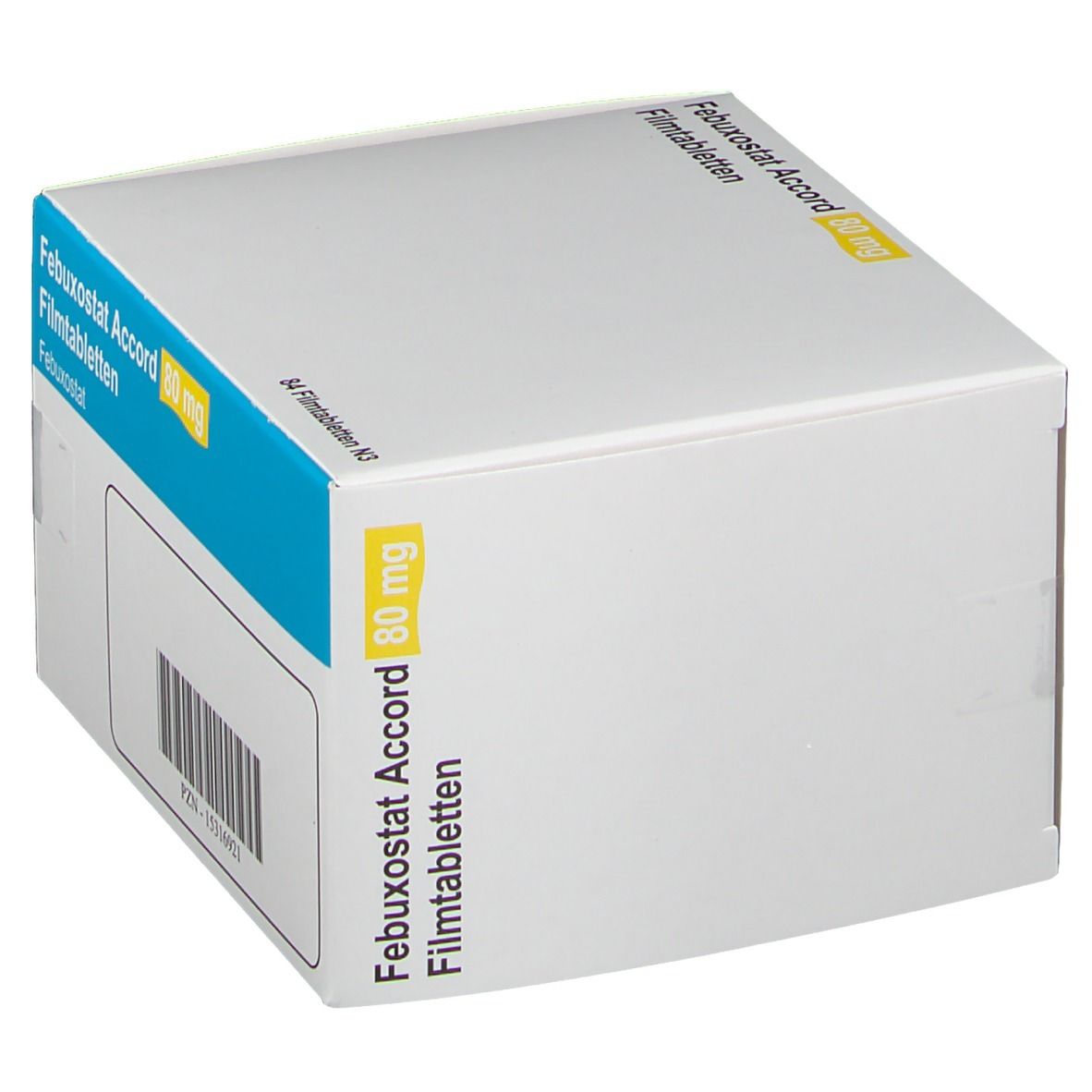 Schachtel mit Febuxostat Accord 80 mg Filmtabletten. Blaue und gelbe Akzente. Text.