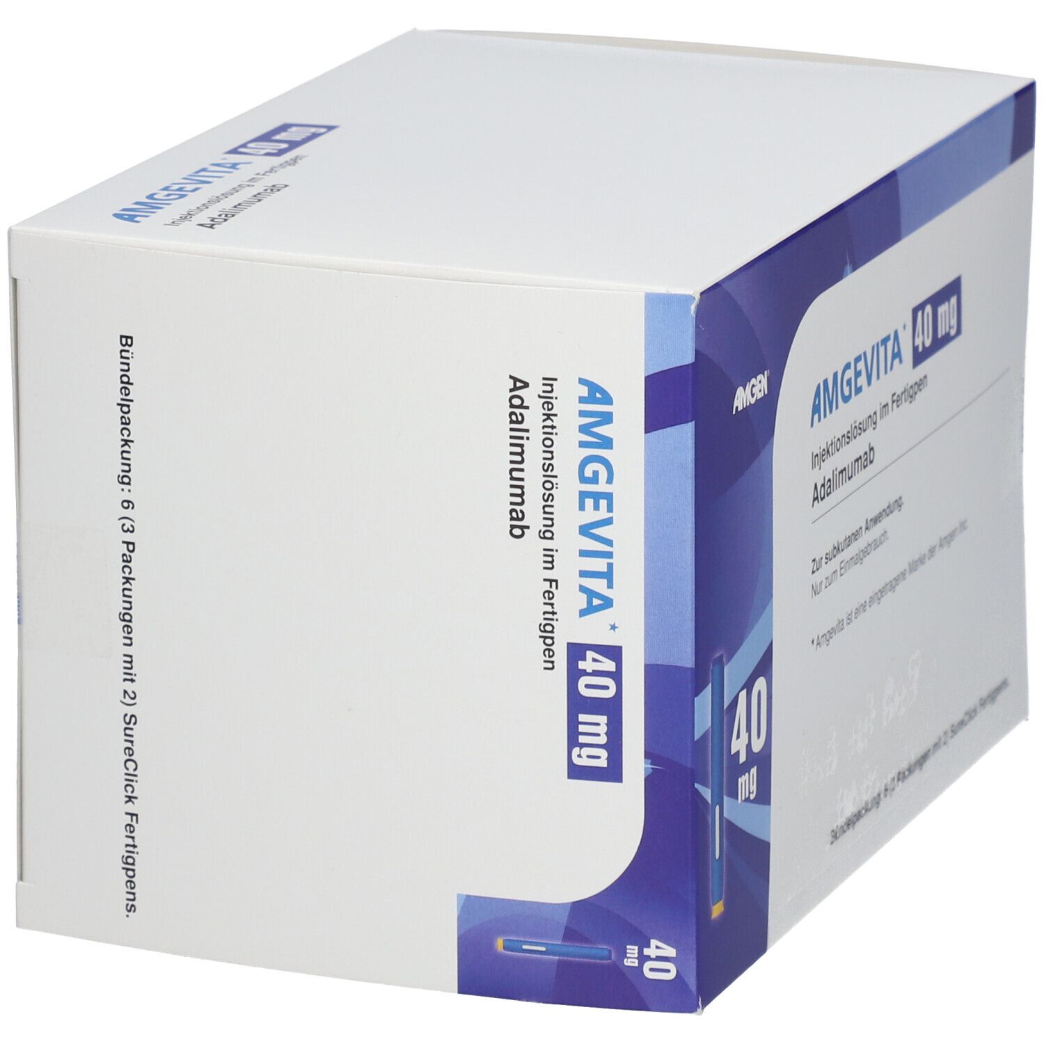 Weißer Karton mit AMGEVITA 40 mg Aufdruck. Enthält Injektionslösung im Fertigpen. Amgen Logo.