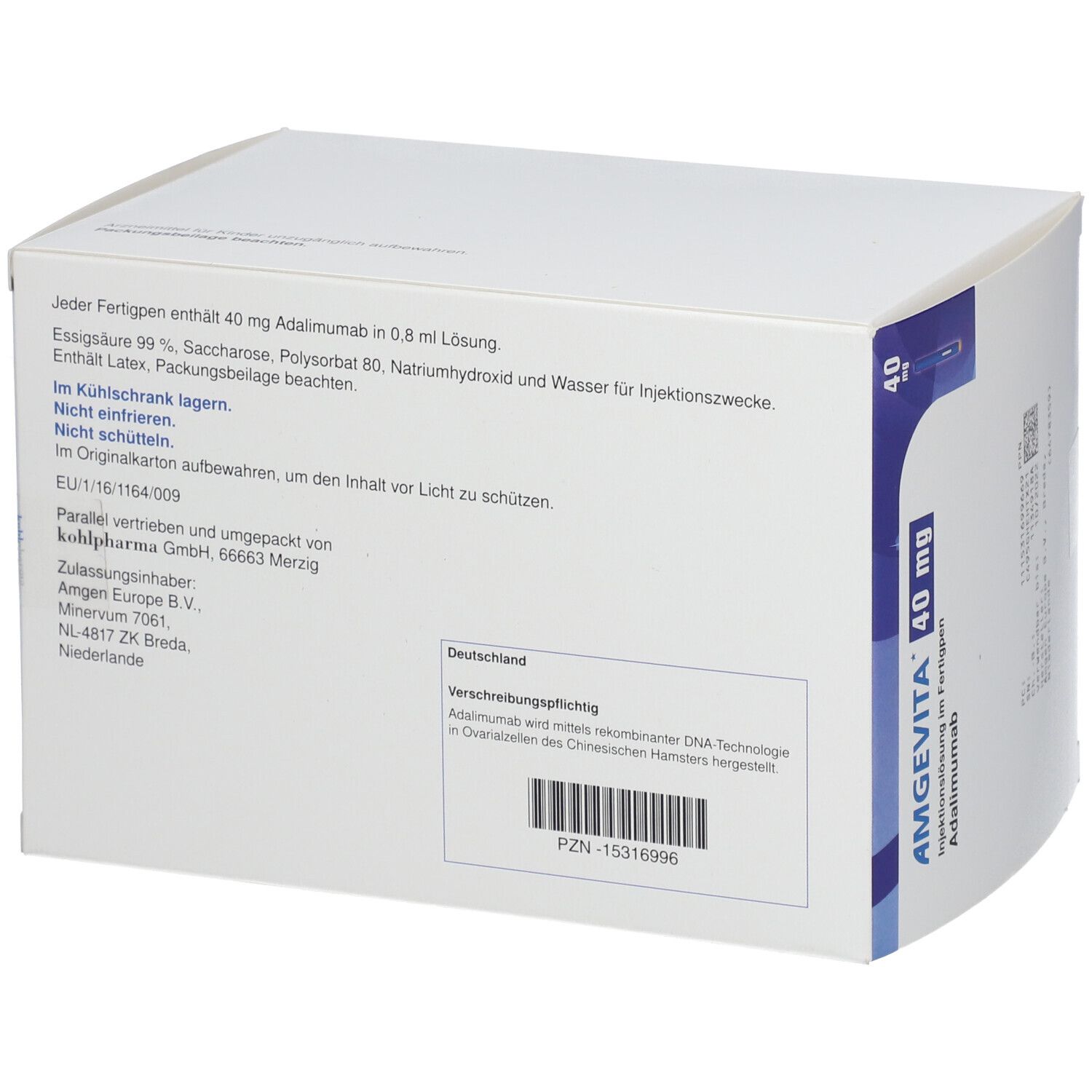 Rückseite eines weißen Kartons mit AMGEVITA 40 mg. Textinformationen, Inhaltsstoffe und Herstellerangaben.