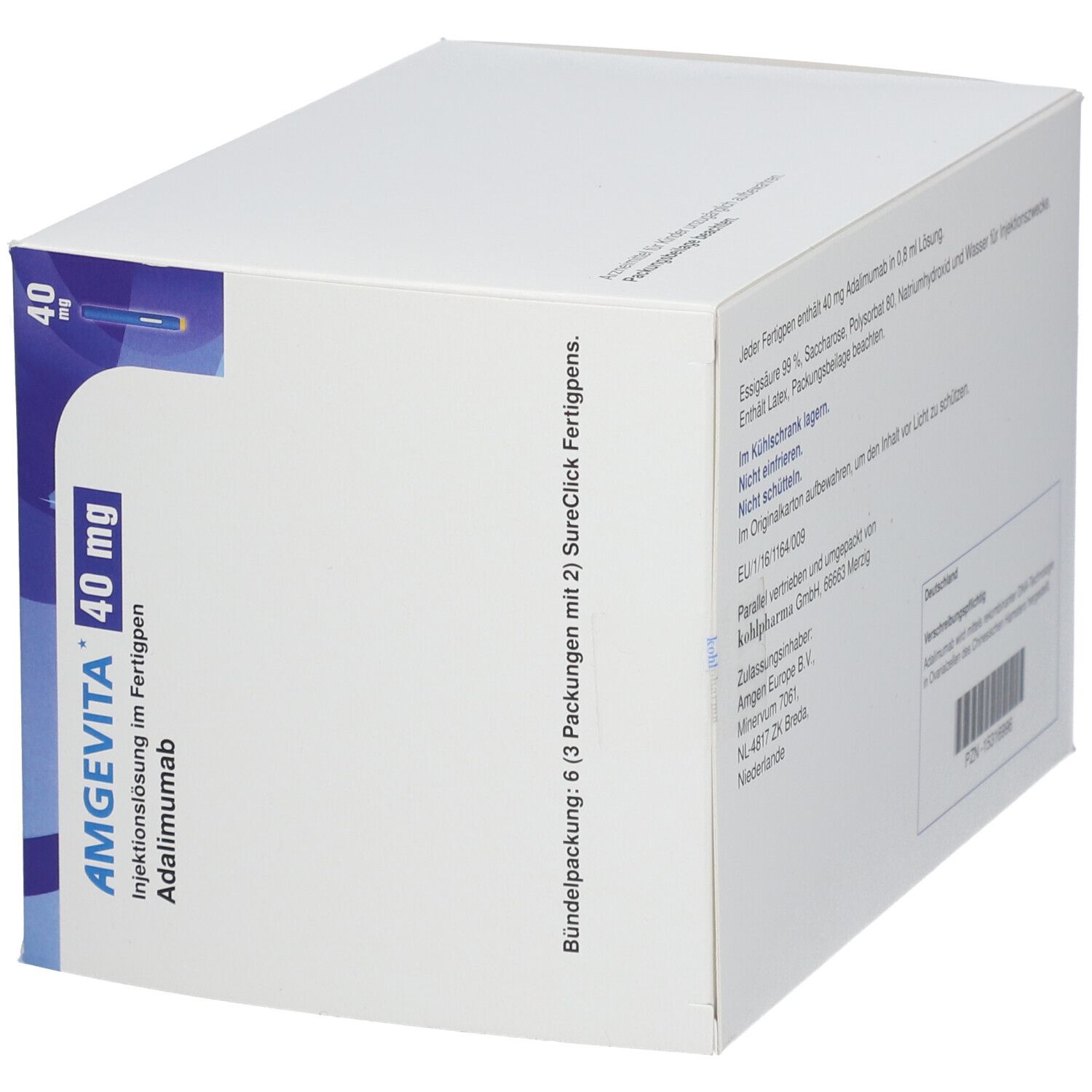 Weißer Karton mit AMGEVITA 40 mg Aufdruck. Enthält Injektionslösung im Fertigpen. Amgen Logo.