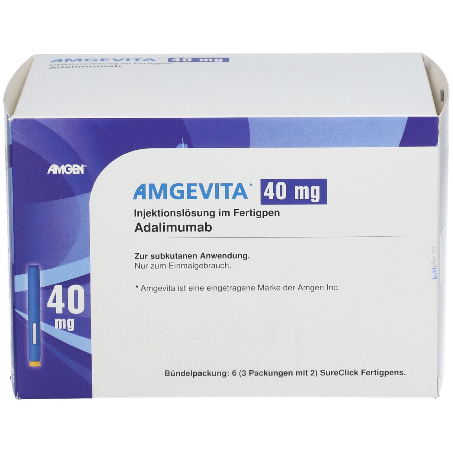Weißer Karton mit AMGEVITA 40 mg Aufdruck. Enthält Injektionslösung im Fertigpen. Amgen Logo.