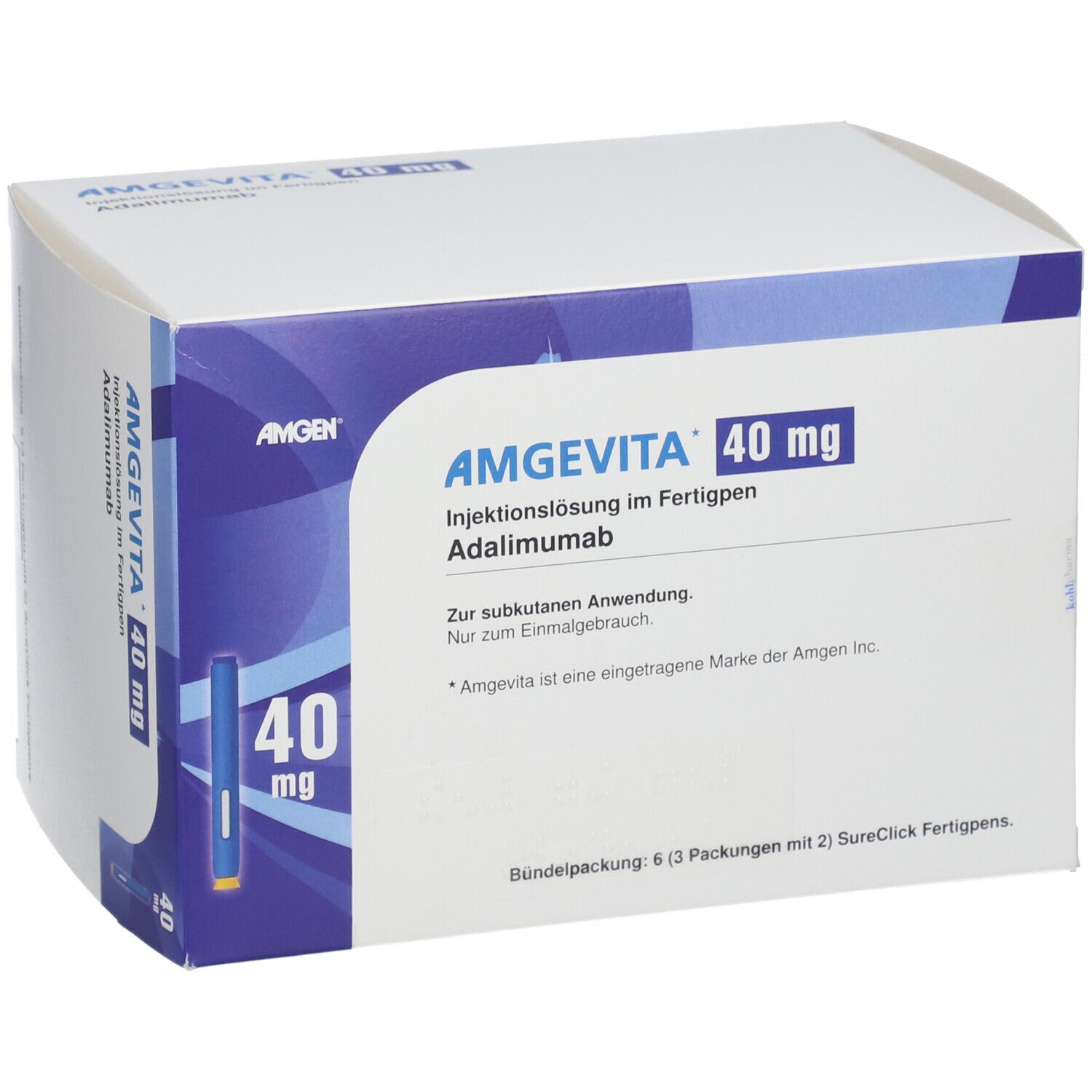 Weißer Karton mit AMGEVITA 40 mg Aufdruck. Enthält Injektionslösung im Fertigpen. Amgen Logo.