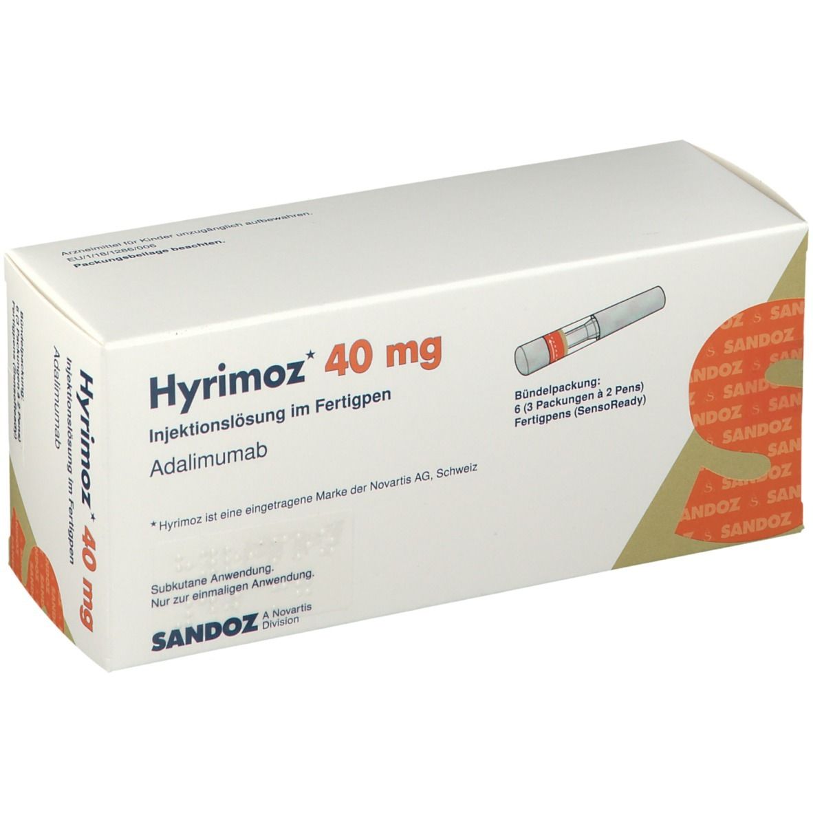 Weiße Schachtel mit roter Aufschrift "Hyrimoz 40 mg". Enthält Fertigpen-Abbildung. Sandoz-Logo.
