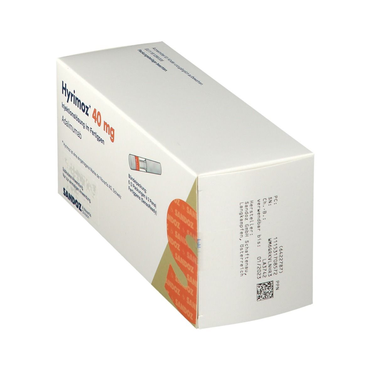 Weiße Schachtel, "Hyrimoz 40 mg" Aufdruck. Sandoz-Logo. Text in Deutsch. Seitenansicht.