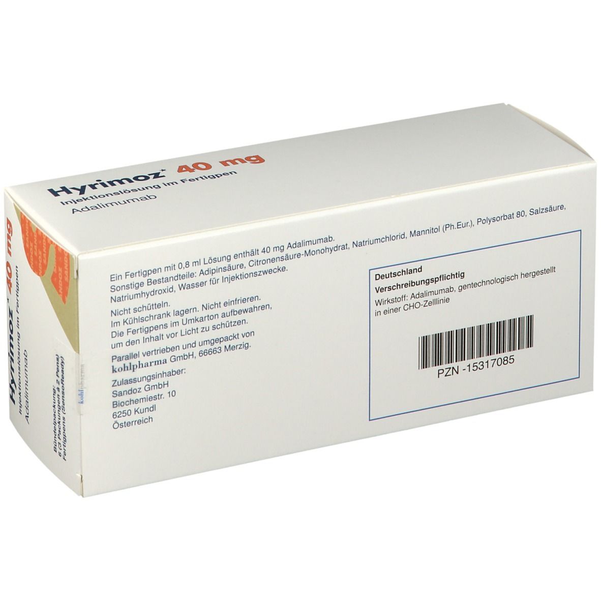 Weiße Schachtel, "Hyrimoz 40 mg" Aufdruck. Text in Deutsch. Rückseite mit Inhaltsangaben.